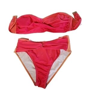 New Women's Cupshe Coral/Pink Ombre Bandeau Twist Bikini Top & Bottom Both Large